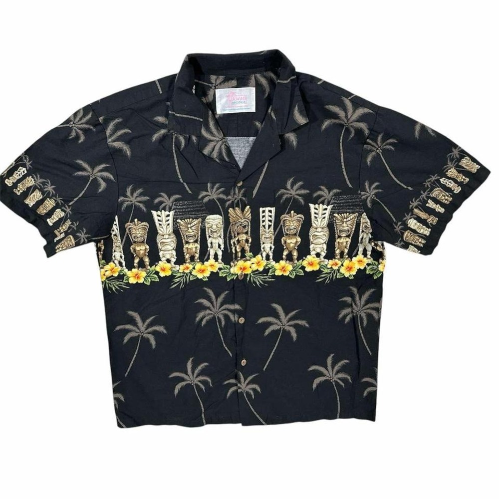 Vintage KYS Hawaiian Shirt Black Floral Tropical Tiki USA Made 1990s Men's Large